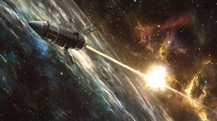 Spacecraft launching a laser beam into a cosmic event