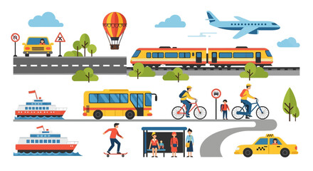 Diverse Transportation Methods: Car, Train, Bus, Boat, Airplane, and More