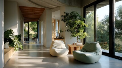 Fototapeta premium Modern living space with large windows, soft lounge chairs, and indoor plants illuminated by natural sunlight creating calm and minimalist atmosphere