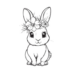 Charming Bunny Line Art with Blooming Floral Crown