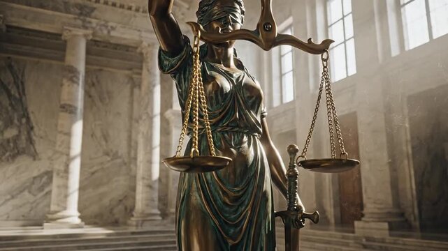 Statue of Themis, symbol of law and justice, holding scales and blindfolded, representing fairness, balance, impartiality, and the principles of judicial integrity and legal authority