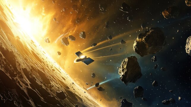 Spacecraft navigating a hazardous asteroid field. A small spacecraft, appearing vulnerable, is maneuvering through a dense field of asteroids orbiting a planet.