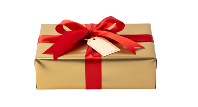 A beautifully wrapped gift box with a red ribbon and bow featuring a blank tag isolated on transparent background