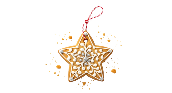 Golden star shaped christmas ornament with intricate snowflake pattern hanging isolated on transparent background
