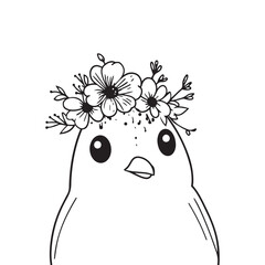 Cute Little Bird Line Art with Floral Crown