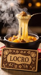 Pot of Locro with Cheese Pull – Tajibo Wood Plaque, Pumpkin Flower & Dairy Cow Motifs