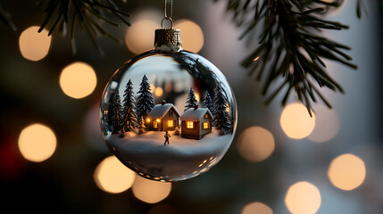 Holiday cheer encapsulated! A shimmering Christmas ornament reflects a serene winter scene with cozy cottages and snow-covered trees, adding a touch of magic to the season.