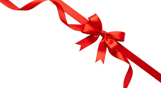 Vibrant red satin ribbon tied in a perfect bow with flowing tails isolated on transparent background