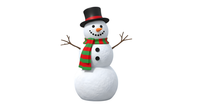 A cheerful snowman wearing a top hat and a colorful striped scarf isolated on transparent background