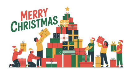 Christmas Cheer and Gift-Giving: Illustrative scene of people celebrating the holiday spirit, gathered around a pile of presents and decorating gifts. Capturing the joy of the season.