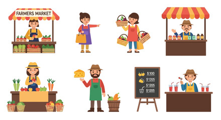 Farmers Market Vendors Selling Fresh Produce, Cheese, and Drinks in Cartoon Style