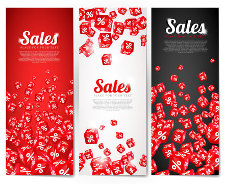 A vector set of flyers for promoting discounts and sales. Vertical discount flyers featuring multiple red cubes with a percentage sign.