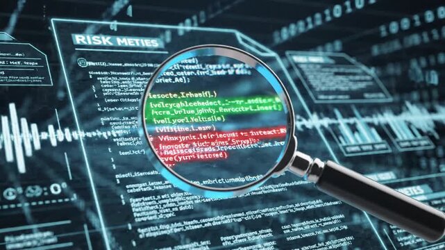Illustration of information security risk evaluation with a close-up on documentation under inspection, emphasizing cyber risk identification, IT governance, and proactive security management