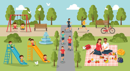 Flat design illustration of a vibrant park scene with diverse people enjoying leisure activities