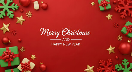 Naklejka premium Merry Christmas and Happy New Year Flat Lay with 3D Gifts Stars Snowflakes and Ornaments on a Vibrant Red Background