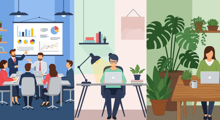 Flat design illustration of diverse modern work environments: team meeting, remote work, and green office