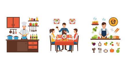 Flat design illustration set showing a chef cooking, a waiter serving diners, and a cook preparing fresh food.