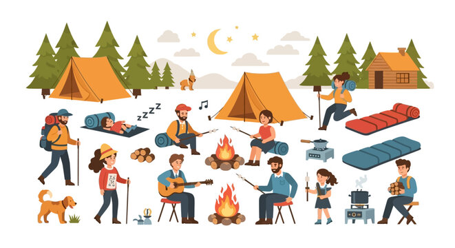 Flat design illustration of diverse cartoon campers enjoying outdoor activities: roasting marshmallows, playing guitar, sleeping, and hiking.