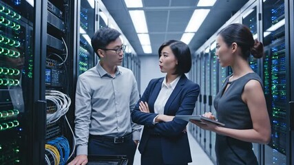 Woman IT professional consulting with team members in a data center, emphasizing server infrastructure, technical communication, and coordinated problem-solving in modern tech environments