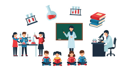 Flat design science education vector illustration featuring students, teacher, and laboratory research activities.