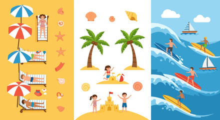 Flat Design Summer Beach Vacation Activities Illustration Set with Sunbathers, Surfers, and Sandcastles