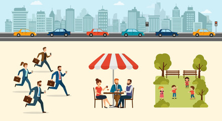 Flat design vector illustration of diverse urban life: city traffic, running professionals, cafe leisure, park play.