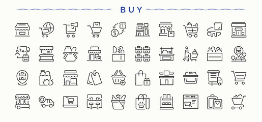 Buy vector line icon set. Icons for UI design. It contains symbols to supermarket, retail, store, purchase, commerce, cart. Pictogram and infographic. Supermarket icon set.