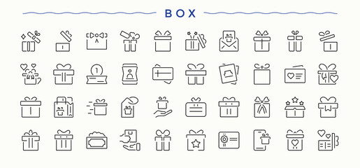 Fototapeta na wymiar Box icon set. Minimalist editable vector stroke. Editable stroke collections. Packaging icon set. Contain linear symbols parcel, packaging, celebration, package, surprise and more.