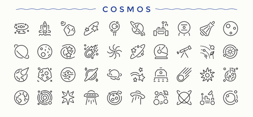 Cosmos related icon set. Contains such symbols as asteroid, universe, planet, astronomy and more. Space icon set. Thin UI icons. Editable stroke vector art. © Rubbble