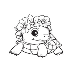 Adorable Turtle Line Art with Floral Crown