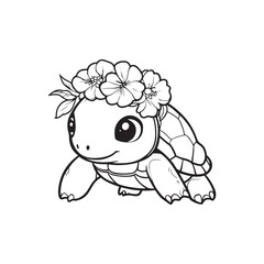 Smiling Turtle Line Art with Flower Crown