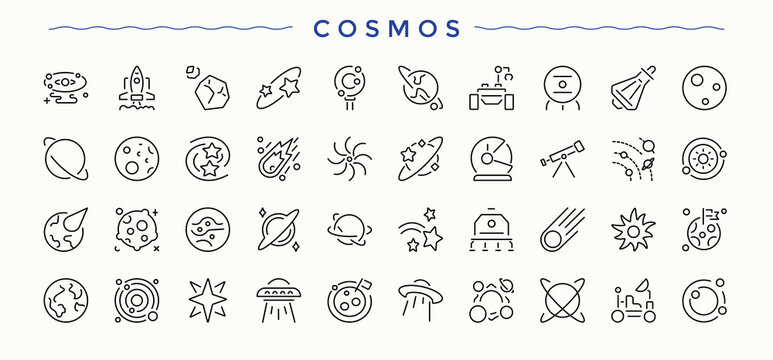 Cosmos related icon set. Contains such symbols as asteroid, universe, planet, astronomy and more. Space icon set. Thin UI icons. Editable stroke vector art.