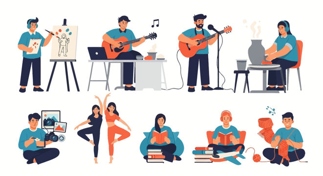 Flat vector illustration of diverse people enjoying creative hobbies: painting, music, pottery, photography, dance, reading, knitting