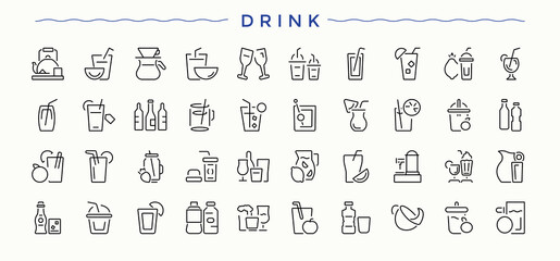 Drink And Juice linear icon set. Juice minimalist icons collection. Line icons with editable stroke. Alcohol vector icon set. Vector illustration.