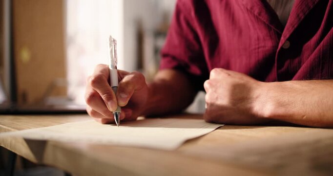 Writing, paperwork and hands of person for supply chain, shipping and delivery invoice with box. Small business, ecommerce and worker with documents for inventory, distribution and logistics receipt