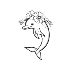 Graceful Dolphin Line Art with Floral Headpiece