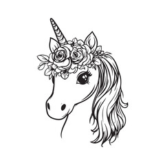 Floral Crown Unicorn Line Art Illustration