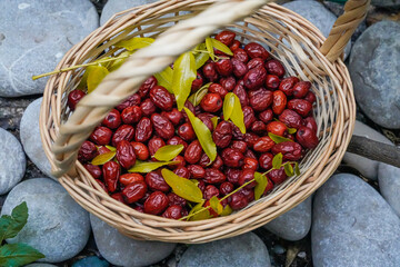 Top view of basket with ziziphus on stones