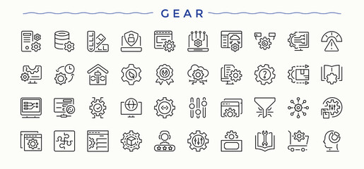 Gear icon set. Thin line icons set. Editable vector illustration. Tools line icon set. Contains outline symbols like tool, engine, work, technician and more.
