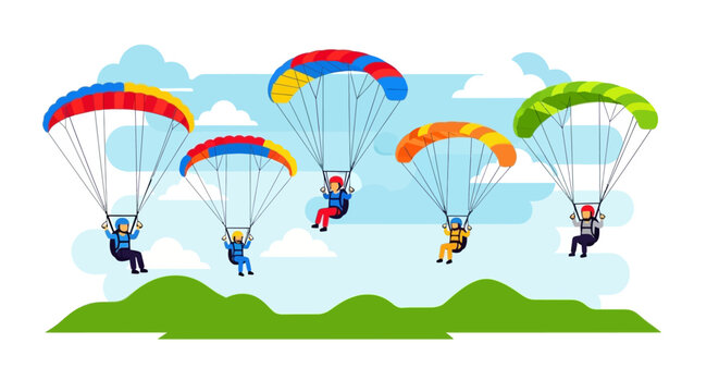 Group of Colorful Parachuters Descending Over Green Hills, Skydiving Adventure