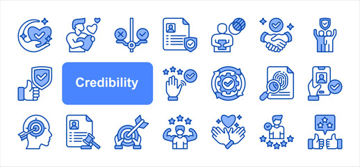 Credibility icon set with Honesty, Ethical, Transparency, Trustworthiness, Accountability, Accuracy, Reputation simple vector.