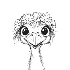 Cute Ostrich Line Art with Floral Crown