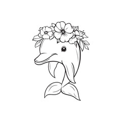 Floral Crown Dolphin Line Art Illustration