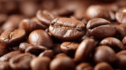 Close up of roasted coffee beans with rich texture and deep brown color for coffee branding and product presentations.