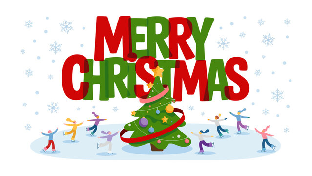 Joyful Christmas Celebration: A festive illustration captures the holiday spirit, with a decorated tree surrounded by dancing figures and the warm message of Merry Christmas overhead.