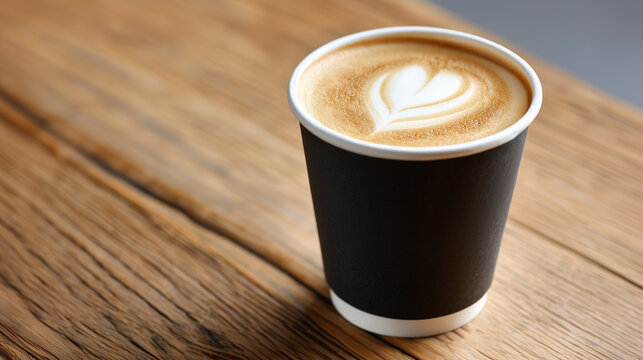 Beautifully crafted cup of coffee with latte art on a wooden surface for coffee enthusiasts and café lovers.
