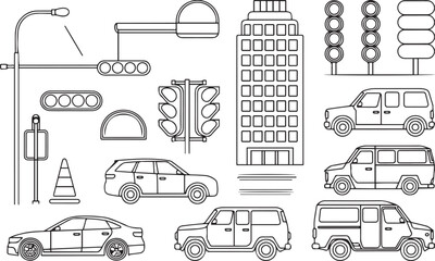 Urban Traffic Line Art Icons Minimal City Vehicle and Street Illustrations