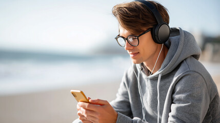 Young man with headphones and glasses sitting on the beach, looking at his phone with a relaxed expression.