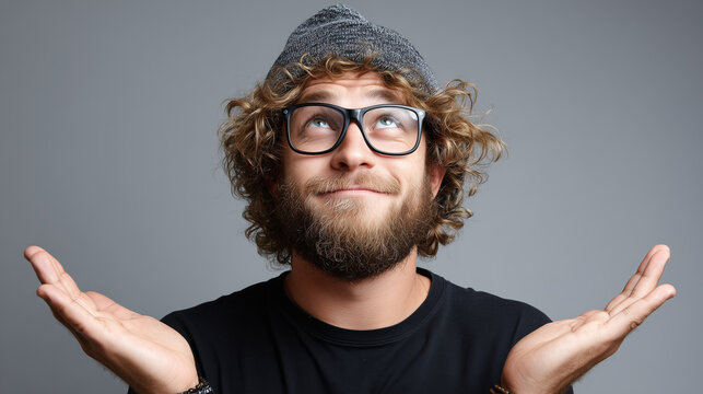 Man with curly hair, glasses, beard and beanie, looking up and shrugging with a confused or curious expression against gray background.