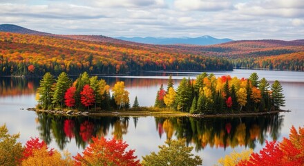 Autumnal Island: A vibrant island, adorned with trees in a tapestry of autumn colors, sits serenely on a calm lake.